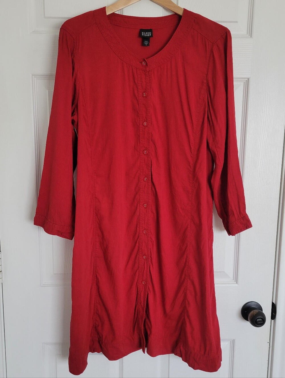Eileen Fisher Red Linen Blend Stretch Button-Front Tunic Dress